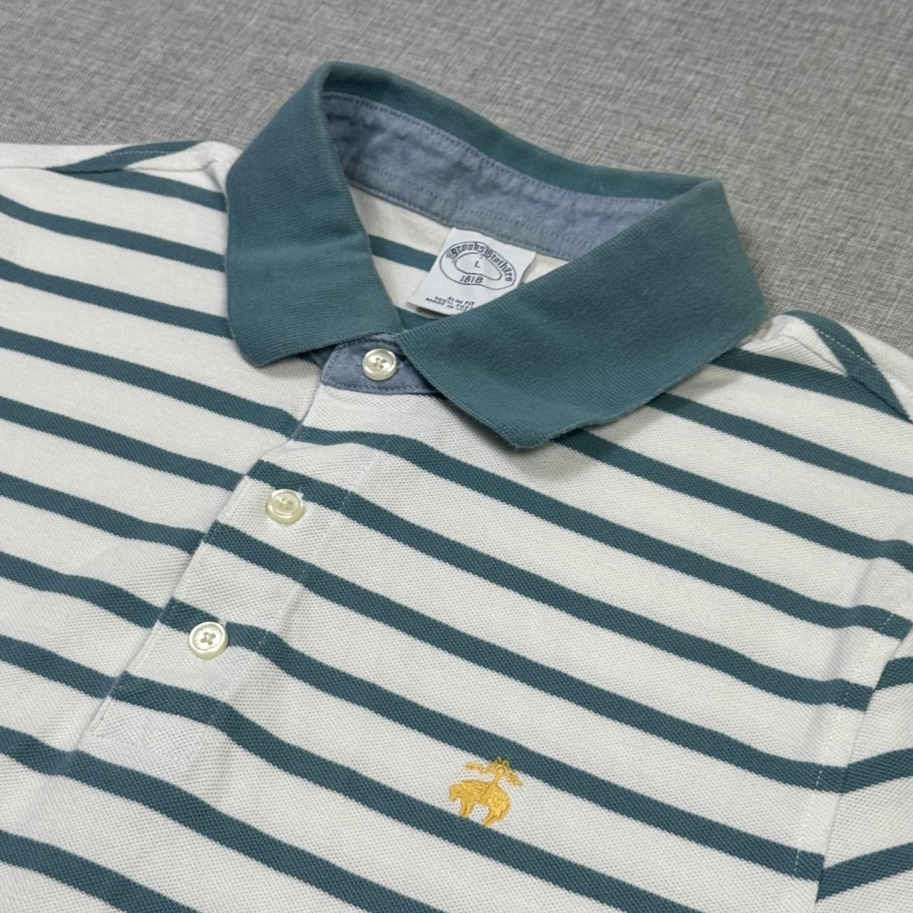 Brooks Brothers Polo Shirt Mens Large White Green Striped Slim Fit Short Sleeve